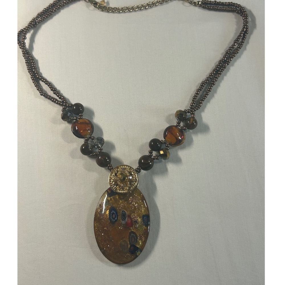 Unbranded Millefiori Murano Style Pendant Necklace Women OS Brown Gold Beaded
